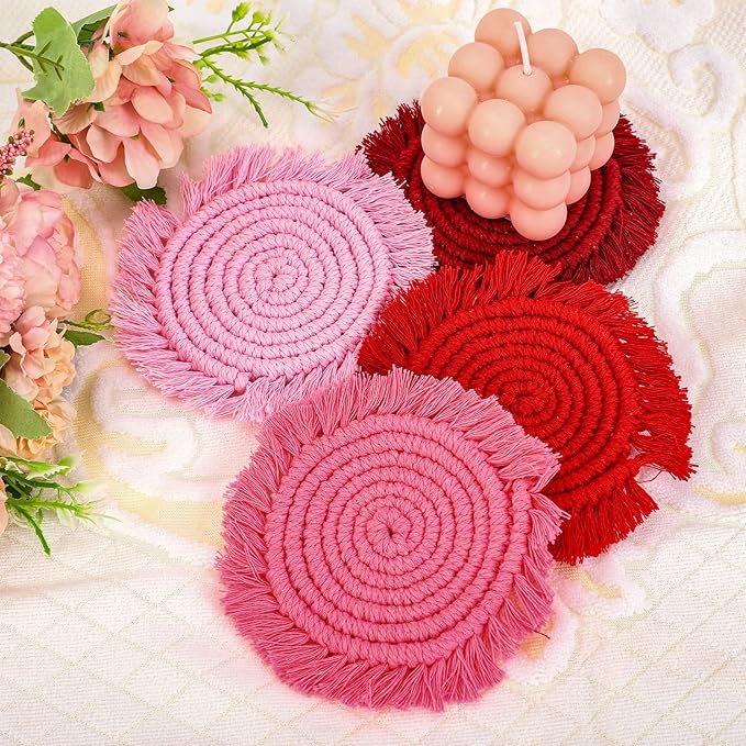 Whaline 4Pcs Boho Macrame Coasters Handmade Woven Drink Coasters Red Pink Farmhouse Cup Mat Pad for Home Kitchen Office Valentine's Day Party Table Decor