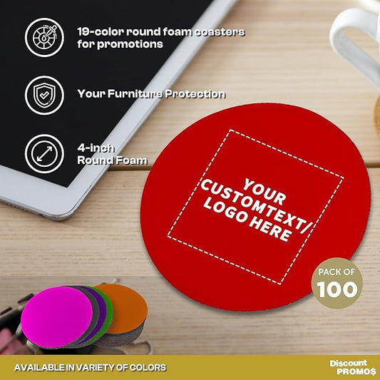 100 Round Foam Bud Coasters Pack, 4 inch - Customizable Text, Logo - PU Foam, Party Favor - Red