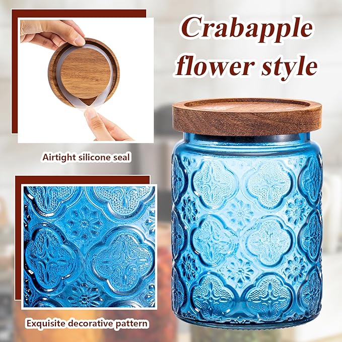 Outus 5 Pcs 23.7oz Vintage Glass Jar with Lids Colored Glass Canisters Jars with Airtight Wooden Lids for Kitchen Counter Flour Sugar Cookie Coffee Tea Storage Containers