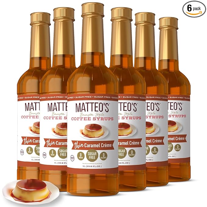 Matteo's Caramel Creme for Coffee, Lattes, Cappuccinos & Desserts – Sugar-Free Sweetener for Beverages, Keto Friendly, Zero Calories, Indulgent Flavor, Non-Alcoholic, Ideal for Hot Drinks 33.8oz (6pk)