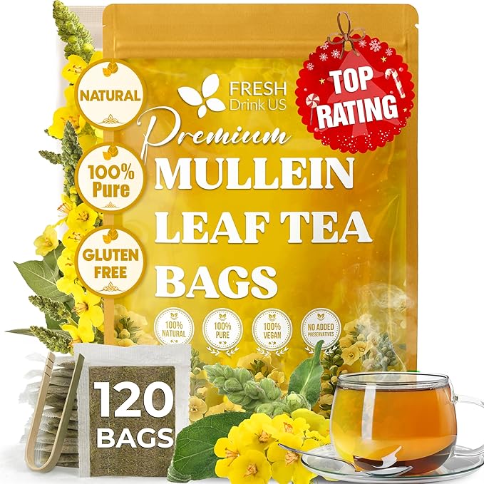 FreshDrinkUS, Premium 120 Mullein Leaf Tea Bags For Lung, 100% Natural & Pure from Mullein Leaves. Loose Leaf Mullein Herbal Tea. Made with Natural Material Tea Bags. No Sugar, No Caffeine, No Gluten, Vegan.
