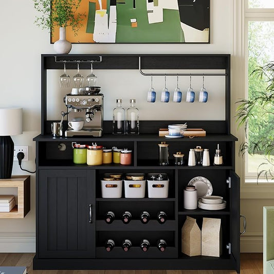 47 in Farmhouse Coffee Bar Cabinet with Charging Station & Wine Racks, Rustic Wood Kitchen Buffet Cabinet, Wine Bar Table for Dining Room Living Room, Black