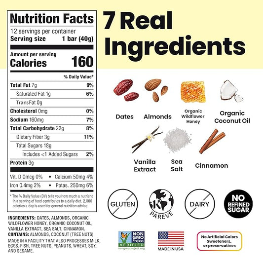 Bahamii Snack Bars, Made with Dates & Nuts, Healthy Snacks, Gluten Free, Good Source of Fiber, Only 7 Ingredients, For Kids & Adults, No Artificial Sweeteners, Dairy Free, 12 Pack, Honey Cinnamon