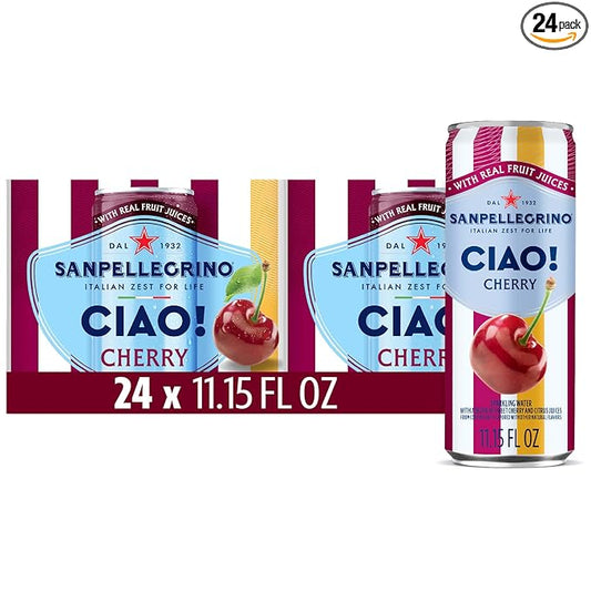 Sanpellegrino CIAO Cherry Sparkling Water, Low-Calorie Italian Sparkling Water with Real Fruit Juices, 0g Added Sugar, 24-Pack
