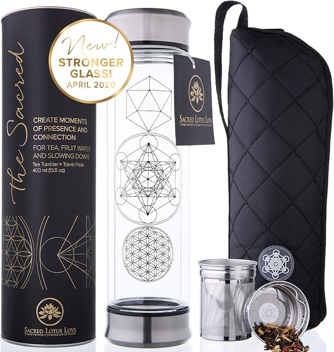 Sacred Lotus Love Double-Walled Glass Tea Infuser Bottle 14oz Portable Travel Mug with Strainer and Sleeve for Loose Leaf Tea, Coffee, Smoothies - Insulated Tumbler with Lid for Hot and Iced Beverages