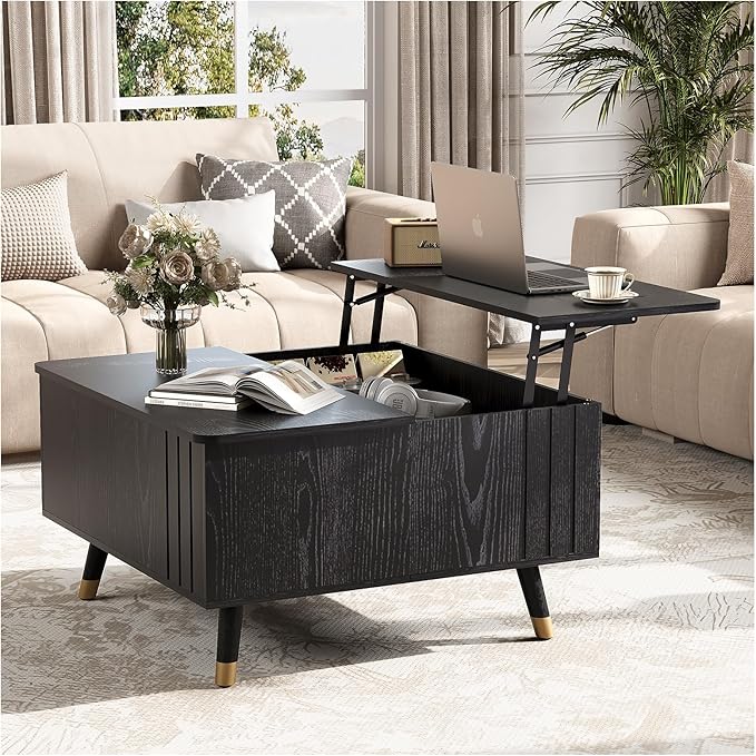 32" Square Lift Top Coffee Table with Storage, Modern Black Center Table for Living Room, Minimalist Wood Cocktail Table with Rising Desktop, Home Office