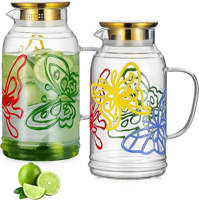 Glass Pitcher with Lid and Handle,2 PACK 68 oz/2 Liter Vintage Hand Painted Butterfly Design Fridge Water Pitcher, Borosilicate Glass Water Carafe for Hot/Cold Water Iced Sun Tea,Heat Resistant