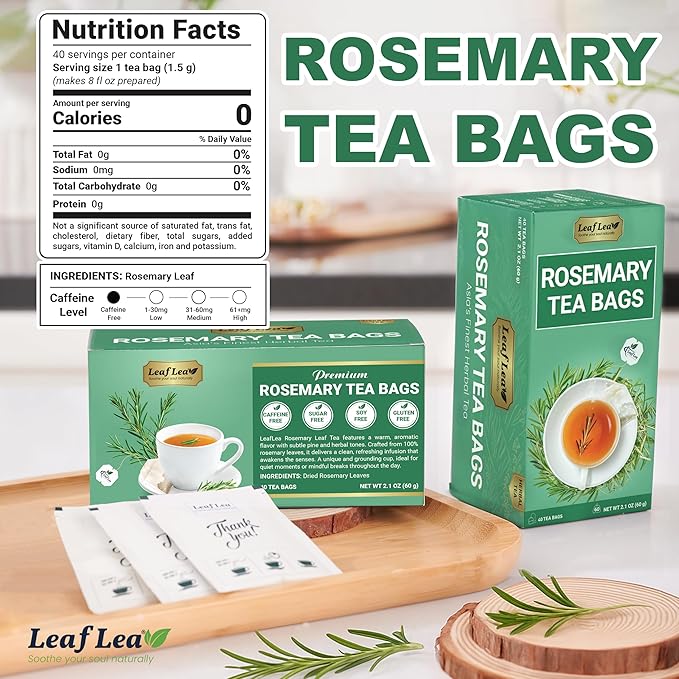 LeafLea 40 Premium Rosemary Tea Bags from 100% Natural Rosemary Leaves, Herbal Tea for Gentle Digestive Comfort, Te De Romero Earthy Taste & Light Aroma, Caffeine-Free, Sugar-Free, Non-GMO