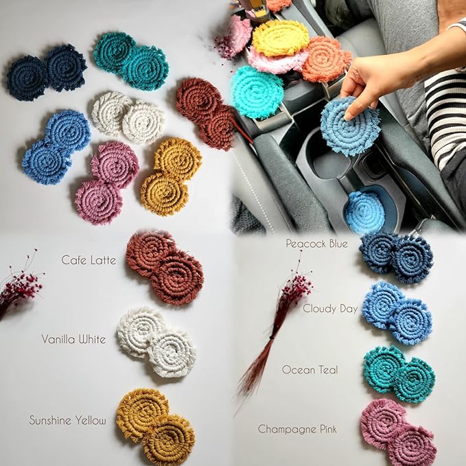 Cotton Car Coasters for Cup Holders, 2PC Car Cup Coasters, Drink Coaster Holder, Cute cupholder Coaster Accessories for Women, Macrame, Boho (Cloudy Day)
