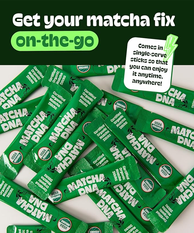 MatchaDNA Organic Matcha Powder Sticks x30 Pack (1.5g Each) – Instant Organic Matcha – Macha Green Tea Blend Unsweetened – Macha Powder Tea for Lattes, Drinks, Smoothies, Recipes, Healthy Beverage