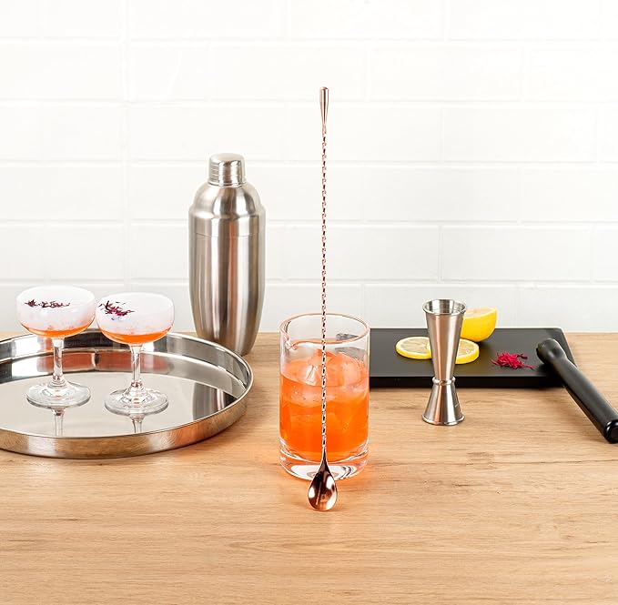 Restaurantware Bar Lux 16 Inch Bar Spoon 1 Corkscrew Handle Cocktail Stirrer Spoon - Long Commercial Copper-Plated Stainless Steel Cocktail Mixing Spoon For Stirring And Mixing