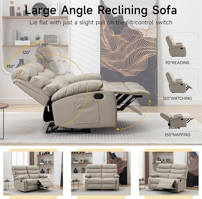Reclining Loveseat, Anti-Scratch Leather Double Recliner Sofa with Side Pocket, Wall Hugger Loveseat Recliner for Living Room, RV, Home Theater(Beige)