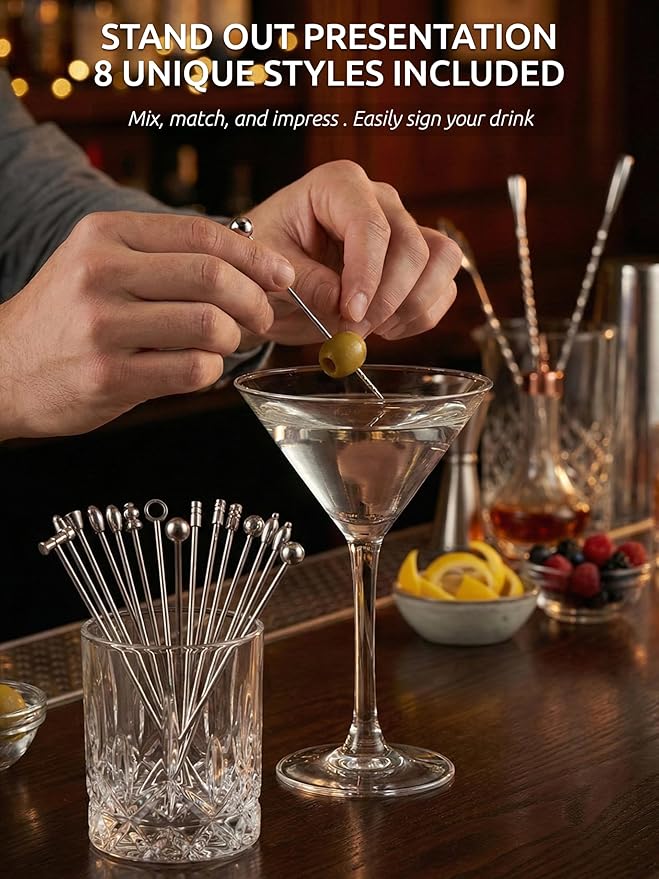 DEMIGO Cocktail Picks 16pcs, 8 New Styles Stainless Steel Reusable Olive Stuffers Martini Pick set Fruit Toothpick Garnish Skewers Appetizer Drink Stick for Bar party, Barbeque Snack, Club sandwiches
