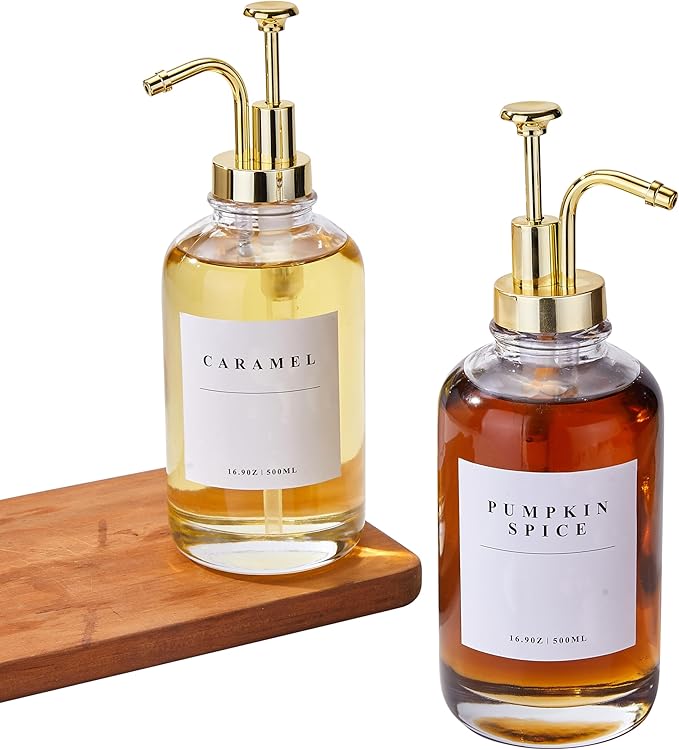 Coffee Syrup Dispenser for Coffee Bar, Coffee Syrup Pump Dispenser, Glass Syrup Bottle with Gold Upgraded Pump, 2 Pack 16.9 oz 500 ml Syrup Dispensers, 28 Labels and Bamboo Tray
