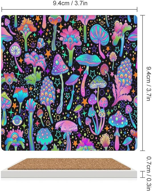 4PCS Botanical Drink Coasters, Square Modern Ceramic Absorbent Coasters,Fantasy Magic Colorful Trippy Botanical Mushrooms Decor Desk Coffee Table Coaster for Beverage Cup Tea Coasters