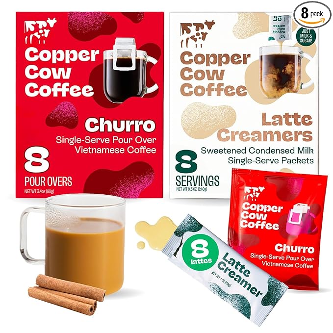 Copper Cow Coffee Pour Over Vietnamese Coffee Pouches + Sweetened Condensed Milk Creamers (8 Coffees & 8 Milk Creamers) | Churro Lattes, No Refrigeration Needed, Travel Friendly Ground Coffee