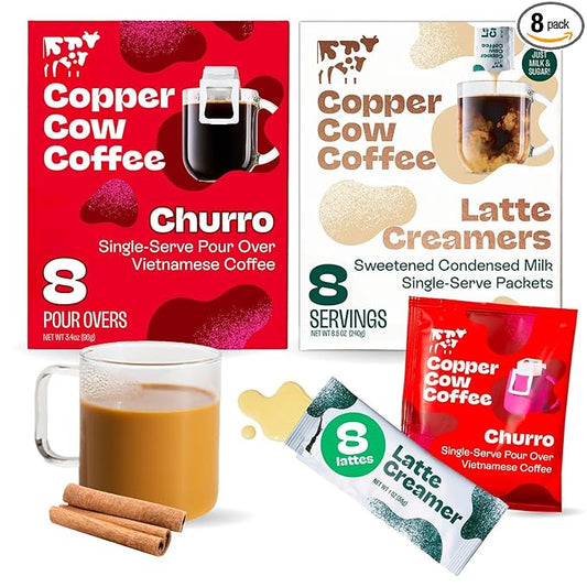 Copper Cow Coffee Pour Over Vietnamese Coffee Pouches + Sweetened Condensed Milk Creamers (8 Coffees & 8 Milk Creamers) | Churro Lattes, No Refrigeration Needed, Travel Friendly Ground Coffee