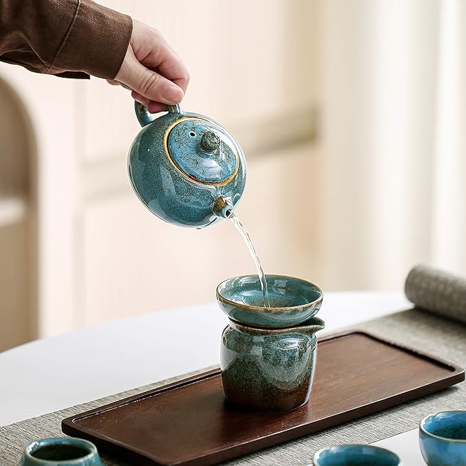 Chinese Tea Set, 10-Piece Ceramic Set with Teapot and Cups, Gongfu Tea Set,Tea Gift Sets,Outdoor and Office (Kiln-Changed Blue)
