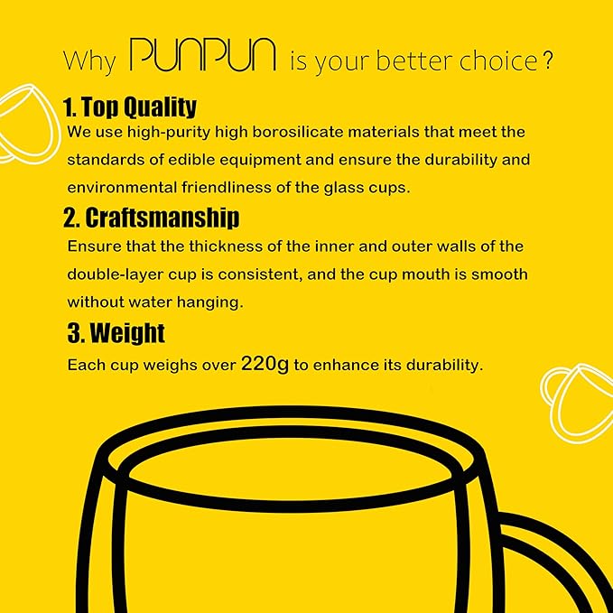 PunPun Coffee 12oz.350ml Glass Mugs Espresso Cups Coffee Glass Cups Champagne Glass Clear Drinking Cups, Tea Cups Wine Glass, Microwave Safe Borosilicate Glass Cup (12 OZ./Set of 2)