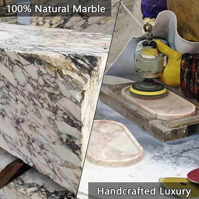 Real Luxurious Natural Marble Vanity Tray Genuine Marble Storage Tray for Home Decor Stone Tray for Bathroom/Kitchen/Vanity/Dresser Non-Resin/Non-Ceramic/Viola Oval Set