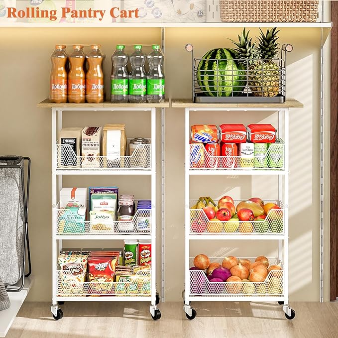 Kitchen Microwave Cart with Fruit Baskets, 4 Tier Microwave Table Stand with Storage, Kitchen Storge Shelf on Wheels Small Rolling Cart Organizer Rack for Pantry, Living Room, Bathroom