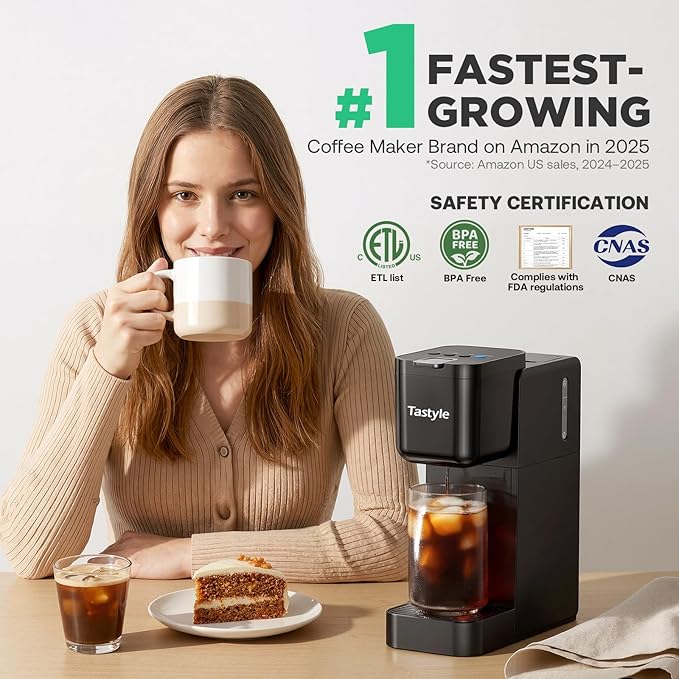 Single Serve Coffee Maker Hot and Iced with Bold Brew, Small Coffee Machine for K Cup and Ground, Fits 7.3'' Travel Mug, Brews up to 16 Oz, 5 Cup Sizes, for Office, RV& Hotel, Elegant Black