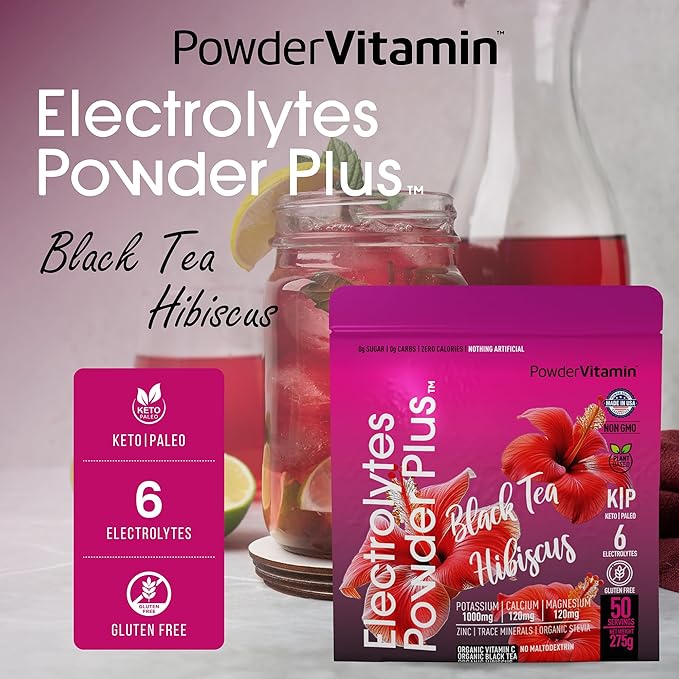 PowderVitamin Electrolytes Powder Plus (50 Servings) Black Tea Hibiscus Electrolyte Powder Keto, Sugar Free, Pink Himalayan Salt,1000mg Potassium,120mg Calcium,120mg Magnesium, Hydration Powder