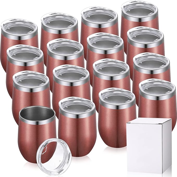 16 Pack Stainless Steel Wine Tumblers 12 oz Insulated Vacuum Wine Cup Set Double Wall Stainless Steel Stemless Mug Glasses for Coffee Soda Whiskey Outdoor Travel (Rose Gold)