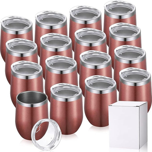 16 Pack Stainless Steel Wine Tumblers 12 oz Insulated Vacuum Wine Cup Set Double Wall Stainless Steel Stemless Mug Glasses for Coffee Soda Whiskey Outdoor Travel (Rose Gold)