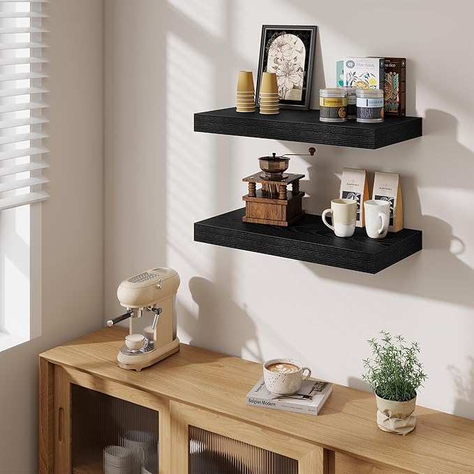 Fun Memories 24 Inch Floating Shelves Wall-Mounted, 12 Inch Deep Wall Shelves, 24 x 12 Floating Shelf, Deep Storage Shelf for Living Room Bathroom Bedroom, Black, Set of 2