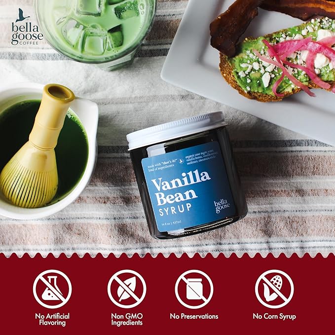 Bella Goose Vanilla Bean Coffee Syrup Jar (16oz) - Homemade Pure Cane Sugar Syrup for Lattes & Desserts - Clean Ingredient - No Artificial Flavors, Oils, Syrups for Coffee Drinks, 32 Servings