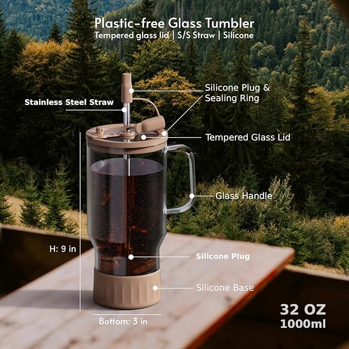 32 oz Plastic-free Borosilicate Glass Tumbler with Stainless Steel Straw and Tempered Glass Lid, Reusable Coffee Cup with Handle, Large Glass Travel Mug (Dune Rose)