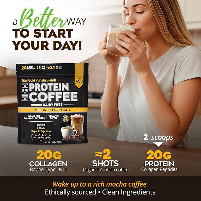 MariGold High Protein Collagen Coffee - Mocha Collagen Latte, Dairy Free, 20g Grass-Fed Type I & III Collagen Peptides, Energy Boost, 2 Shots Organic Espresso, Non-GMO, 1 Lb Bag, 15 Servings