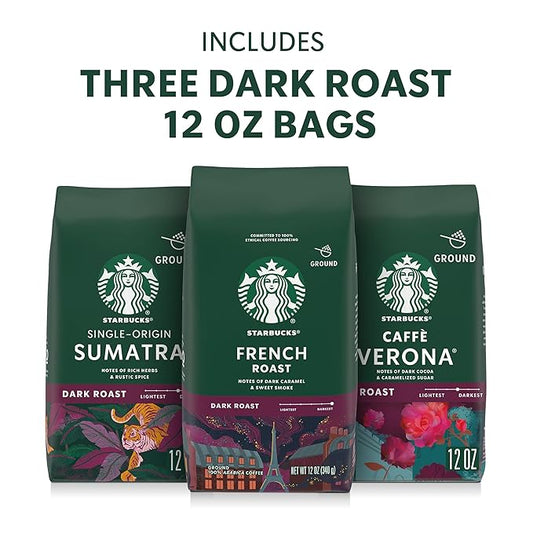 Starbucks Ground Coffee, Dark Roast Hot or Iced Coffee, Variety Pack, Three 12 oz Bags