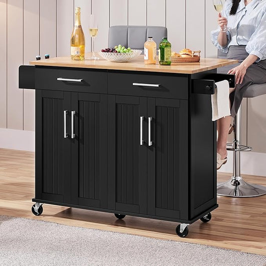 Yaheetech Kitchen Island Cart with Drop Leaf, 49" Rolling Island Table with Storage, Drawer, Kitchen Cart with Rubberwood Top, Detachable Towel & Spice Rack, Black