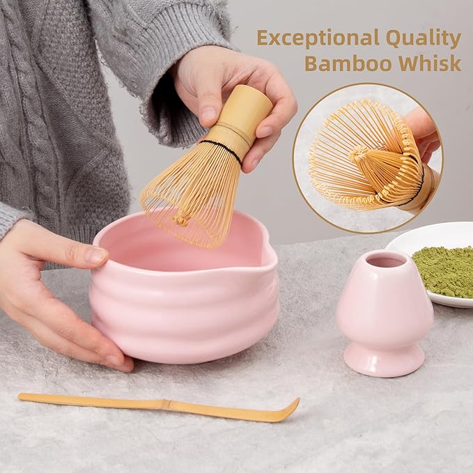 5pcs Premium Matcha Set,Ceramic Bowl with Spout and Bamboo Whisk set, Ceremonical Matcha Kit for breakfast/latte,Tea Starter Making Kit,Unique Matcha Gift set (pink)