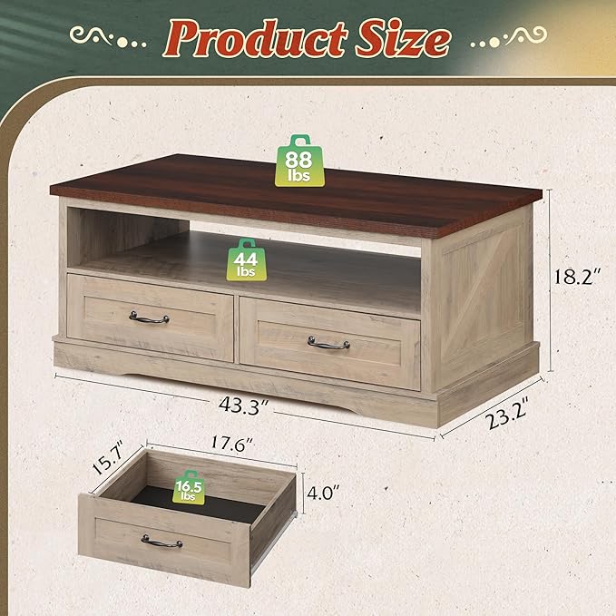 WLIVE Coffee Table for Living Room, 43" Framhouse Coffee Table with 2 Storage Drawers, Modern Center Table with Open Display Area, Elegant Curved Base, Grey