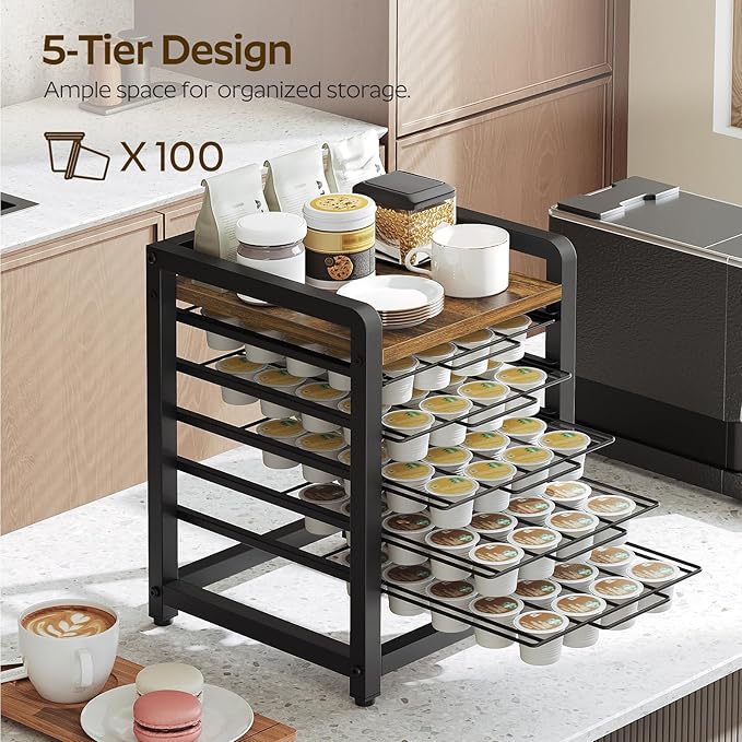 Coffee Pod Drawer Holder for K Cup, 100 Pods Capacity, 5 Tier Coffee Pod Organizer, Space Saving, for Kitchen, Living Room, Cafe, Rustic Brown KH05BR