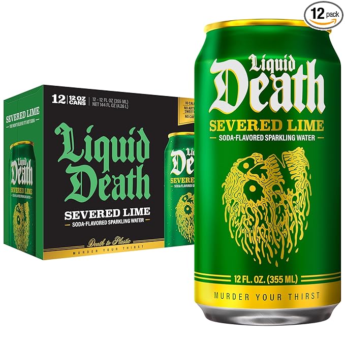 Liquid Death Soda-Flavored Sparkling Water - Severed Lime (Classic Lime Soda), Less Sugar*, Huge Flavor, No Caffeine, No Artificial Sweeteners, 12 Fl Oz (Pack of 12)