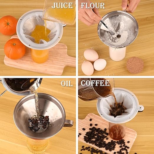 Kitchen Funnel for Filling Bottles, 5 Inch 304 Stainless Steel Funnel with Strainer for Transferring Oils Juices Wine Milk with Silicone Scraper and 100 Mesh 200 Mesh Filtel