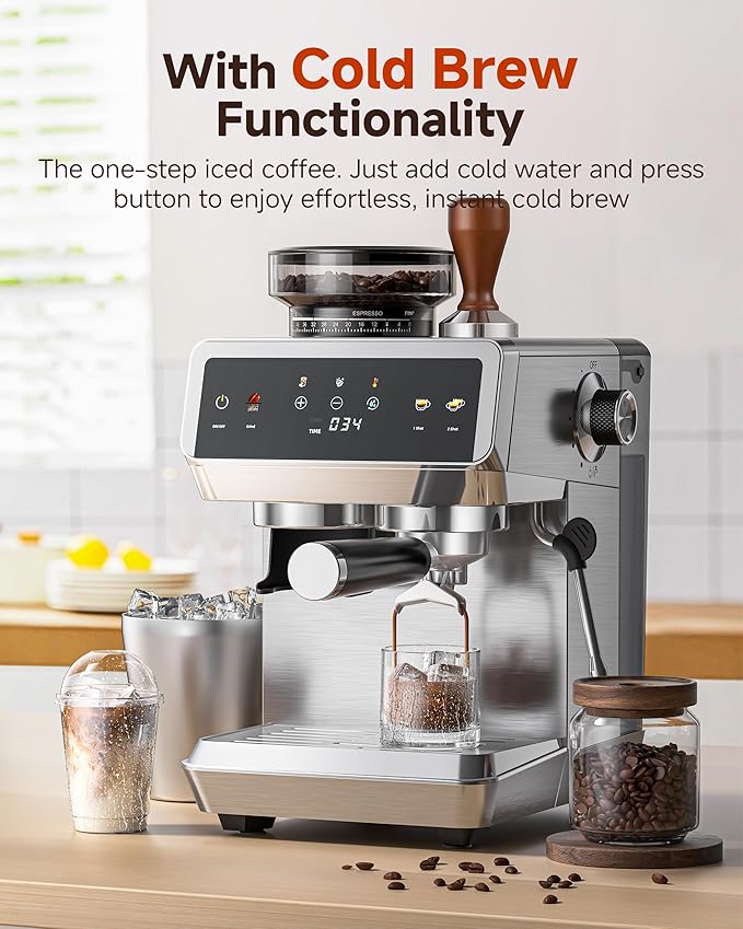 AMZCHEF Espresso Machine with Grinder: 20 Bar Semi Automatic Coffee Machine with 44 Grind Settings, 4-Temperature for Hot & Cold Brew | 8mm Milk Frother for Latte & Cappuccino,Stainless Steel