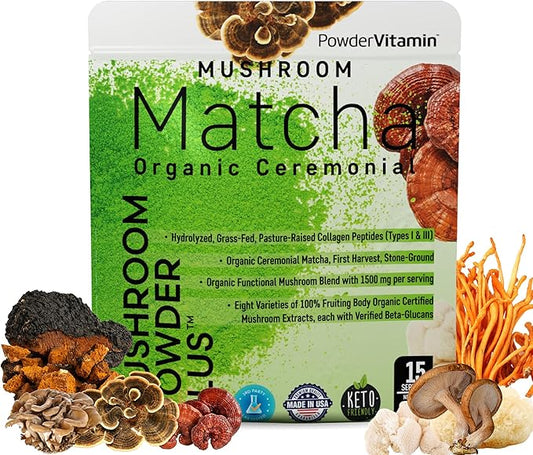 PowderVitamin Organic Ceremonial Mushroom Matcha Certified Pesticide-Free Grass-Fed Collagen Types I & III, 8 Fruiting Body Mushrooms Tested for Beta-Glucans Focus Digestion & Immunity 15 Servings