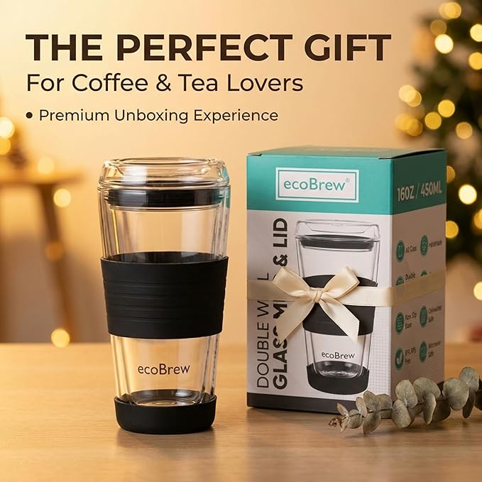 16oz Double Wall All Glass Tumbler with Lid, Glass Travel Mug, Dishwasher Safe & Microwavable Clear Coffee Tumbler To Go, Reusable Ceramic Cup with Lid, Black