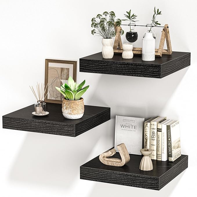 Square Floating Shelves for Wall, 12" W x 12" D x 1.4" H, Small Wooden Wall Mounted Display Shelves with Invisible Brackets for Living Room, Bedroom, Bathroom, Kitchen Decor, Set of 3, Black