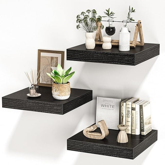 Square Floating Shelves for Wall, 12" W x 12" D x 1.4" H, Small Wooden Wall Mounted Display Shelves with Invisible Brackets for Living Room, Bedroom, Bathroom, Kitchen Decor, Set of 3, Black