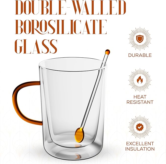 Elle Decor Double Wall Glass Coffee Mugs with Spoons | Set of 2 | Glass Cups with Colored Handles | Clear Coffee Mugs for Latte, Cappuccino, Espresso Coffee, Tea and Hot & Cold Beverages (Amber)