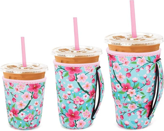 3 Pack Iced Coffee sleeve Insulated Neoprene Cup Sleeves with handle For Cold Drinks Beverages, Reusable Cup Holder for 16oz-32oz Coffee Cups (Cherry Blossom)