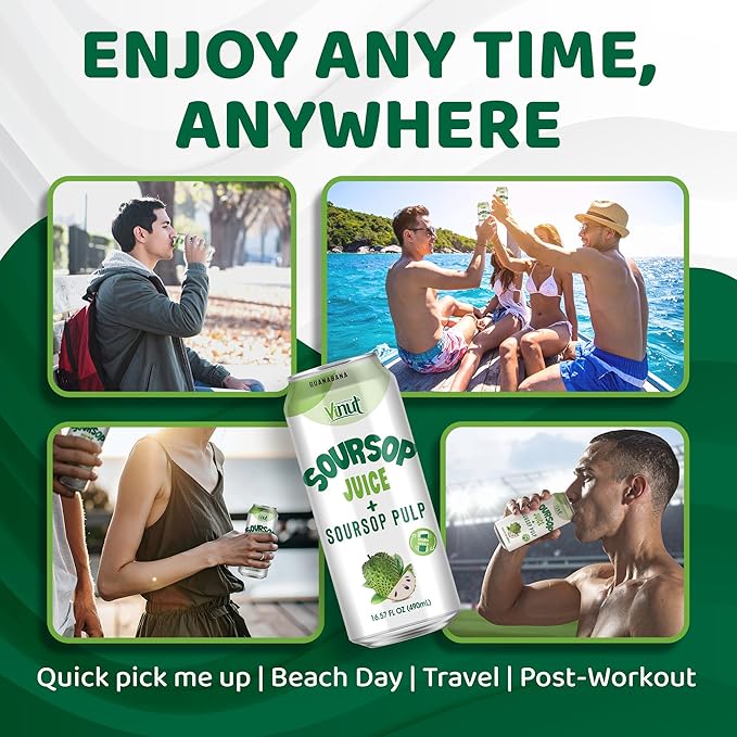 Vinut 100% Soursop Juice With Pulp (16.57 fl oz, Pack 24), No Sugar Added, Real Guanabana Soursop Graviola Drink, Fresh, Natural, Not from Concentrate (NFC)