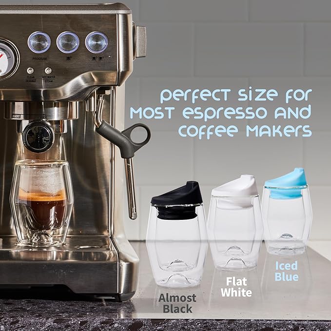 To-Go Espresso Glass Travel Mug with Lid, Reusable Double Wall Glass Tumbler, Fits Most Coffee Makers & Cupholders for Your Car, Gifts for Coffee Lovers, 4.5 oz Cortado Cup, Iced Blue