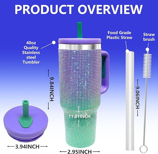40-OZ Insulated Water Bottle,Insulated Stainless Steel Tumbler,Reusable Cold Drink Thermos,BPA-Free, Double-Wall Stainless Steel Water Bottle (Purple Green Gradient-Diamond, 40, Fluid Ounces)